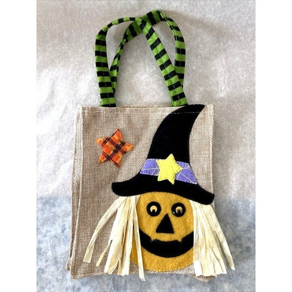 Trick or Treat Halloween Candy Gift Bag 8x6" Handmade Decorated Scarecrow Canvas